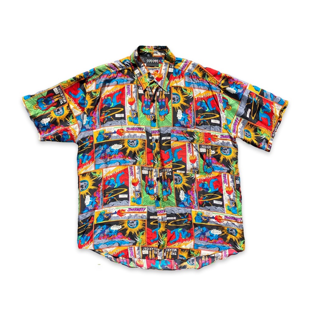 Vintage Men’s Silk Short Sleeve Button Down with Comic Book Motif, Size Large